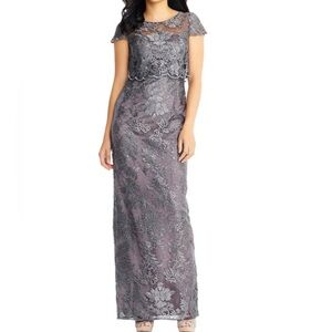 Elegant Adrianna Papell Embroidered Popover Bodice Lace Evening Gown